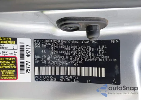 2014 Toyota Sienna L V6 7 Passenger из США, поврежденный, VIN 5TDZK3DC3ES461317